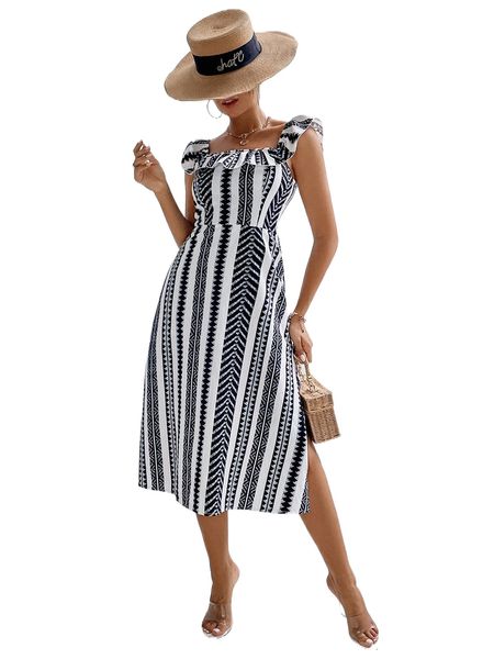 

allover geo print ruffle trim split thigh dress e2yf#, Black;gray