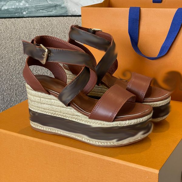 

espadrilles designer women sandals starboard wedge sandals luxury leather high heels with adjustable buckle wedding dress lady shoes no374, Black