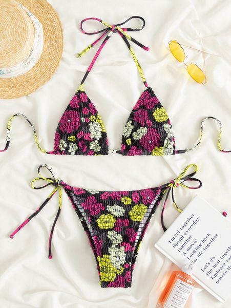 

floral print smocked halter triangle bikini swimsuit h1ne#, White;black