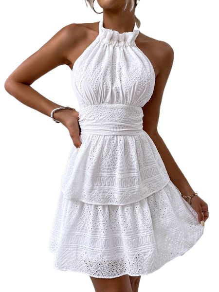 

halter neck backless eyelet embroidered dress s2e3#, Black;gray