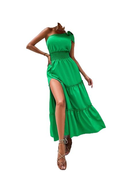 

tie one shoulder shirred frill trim split thigh dress 54il#, Black;gray