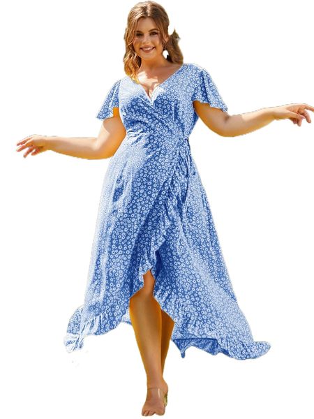 

plus ditsy floral butterfly sleeve wrap knot side dress u5ri#, Black