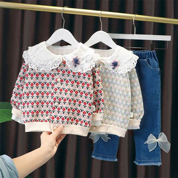 

kids clothes sweater jeans clothing for girls patchwork kids girls clothes casual style children's clothes 210412, White