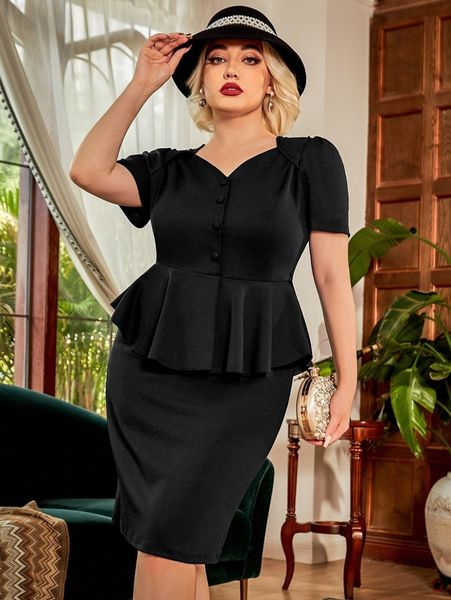 

curvysweet plus sweetheart neck button front peplum dress v7gc#, Black