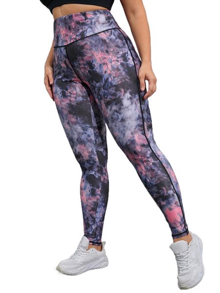 

plus tie dye stitching wideband waist sports leggings q9ni#, Black