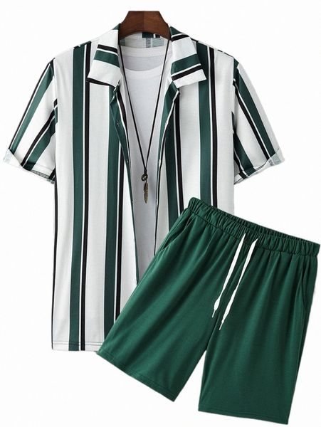 

men block striped shirt & drawstring waist shorts without tee z15q#, Gray