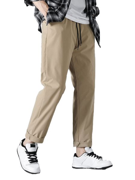 

men solid drawstring waist pants i6pc#, Black