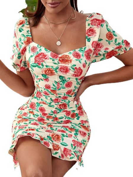 

x anitta floral print ruched tie back ruffle hem dress a7f7#, Black;gray