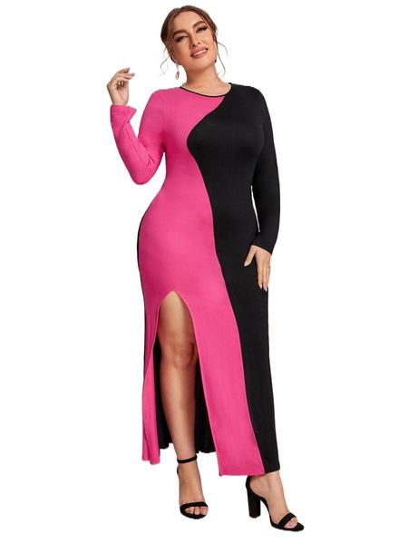 

plus two tone split thigh dress j1ph#, Black