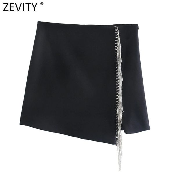 

zevity women high street artificial gem tassel decoration mini skirt faldas mujer lady chic side zipper slim vestidos qun925 220418, Black
