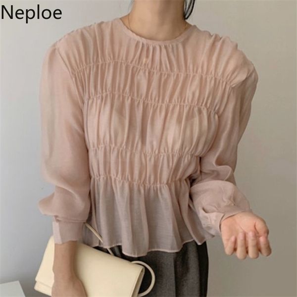 Neploe Koreanische Ins O Neck Puff Langarm Bluse Solide Plissee Design Perspektive Blusas Frühling Sommer Hemd 48902 210401