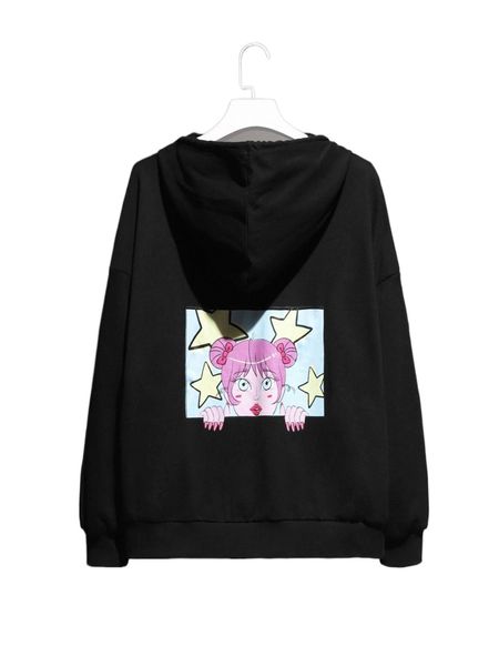 

x jules figure & star graphic drawstring kangaroo pocket hoodie z8ge#, Black