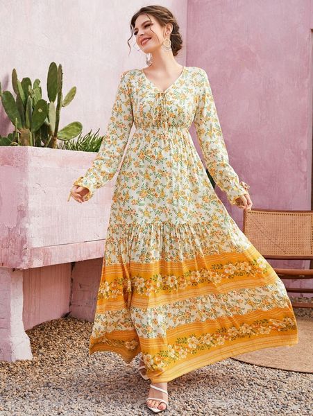 

floral grommet eyelets lace up ruffle hem dress q9tg#, Black;gray