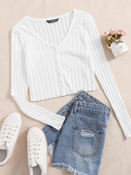 

rib-knit single breasted tee n84l#, White