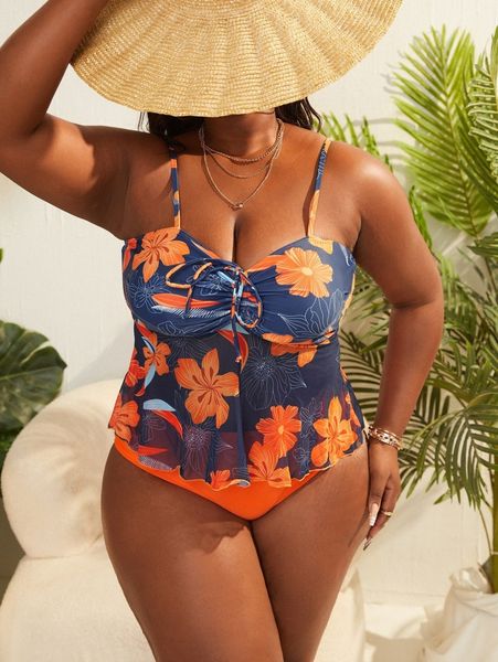 

plus floral print bikini swimsuit 009k#, White;black