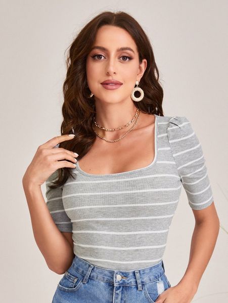 

scoop neck striped tee r5hz#, White