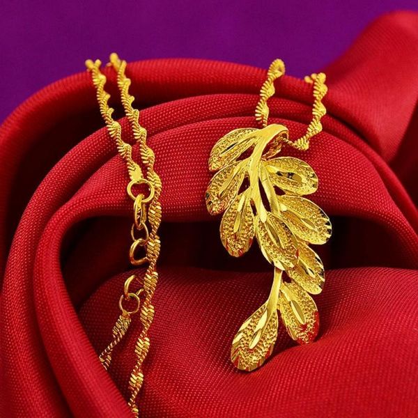 Anhänger-Halsketten für Damen und Mädchen, Kette, Feder, Blattmuster, solides 18-Karat-Gelbgold gefüllt, Modeschmuck, exquisites Geschenk
