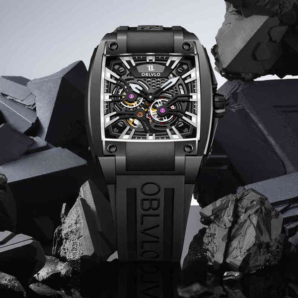 

oblvlo men sport luxury watch square skeleton all black mechanical brown rubber strap es relogio masculino casual gm, Slivery;brown
