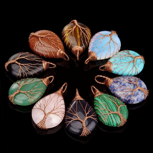Handgefertigte antike Kupfer-Halskette mit Lebensbaum-Anhänger aus umwickeltem Draht, natürliche Kristalle, Heilstein-Halsketten als Geschenk