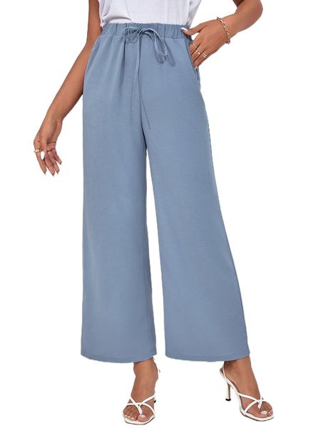 

knot waist slant pocket wide leg solid pants d0su#, Black;white