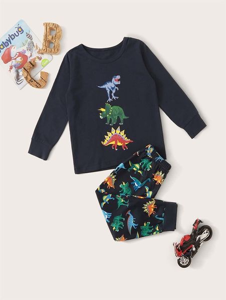 

toddler boys cartoon dinosaur print pj set she, Blue;red