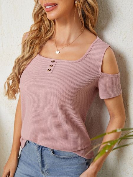 

cold shoulder fake button front tee e0bf#, White