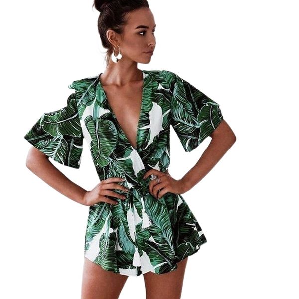 

women's jumpsuits & rompers flare sleeve floral print romper with belt women summer beach v neck jumpsuit short overalls casual boho bo, Black;white
