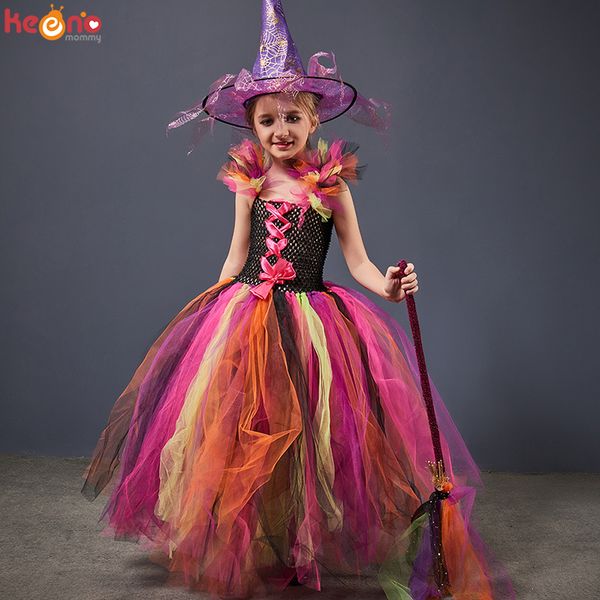 

special occasions rainbow wicked witch girls tutu dress kids evil halloween costume children carnival cosplay party fancy pageant ball gown, Blue