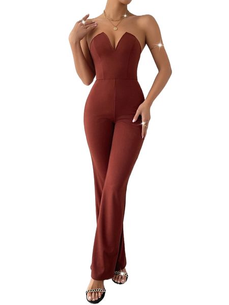 

solid backless boot-cut leg tube jumpsuit 60sk#, Black;white