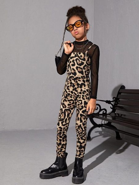 

girls leopard print cami jumpsuit & mesh she, White