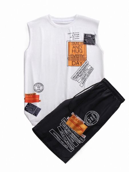 

men slogan graphic tank & drawstring waist shorts r3dz#, Gray