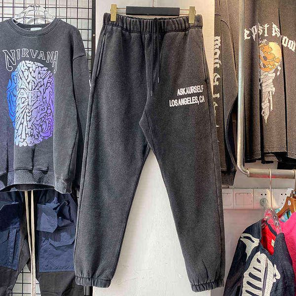 

askyurself pants men vintage washed fleece foam printing askyurself women sweatpants trousers t220803, Black