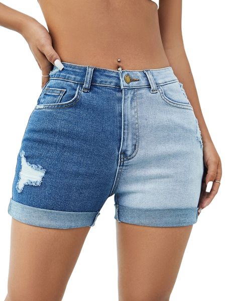 

ripped rolled hem spliced two tone denim shorts o91d#, White;black