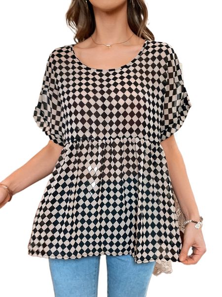 

checker print batwing sleeve peplum blouse j4s2#, White