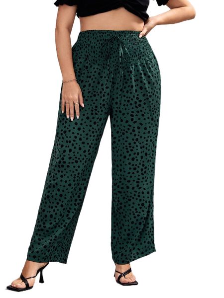 

plus allover print shirred waist pants r41l#, Black