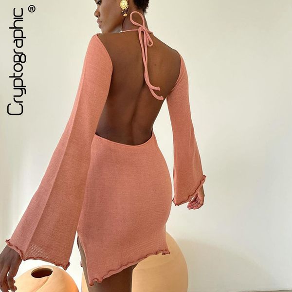 

2021 fall halter v neck backless mini dress womens clothing birthday elegant knit flare sleeve dresses skinny, Black;gray