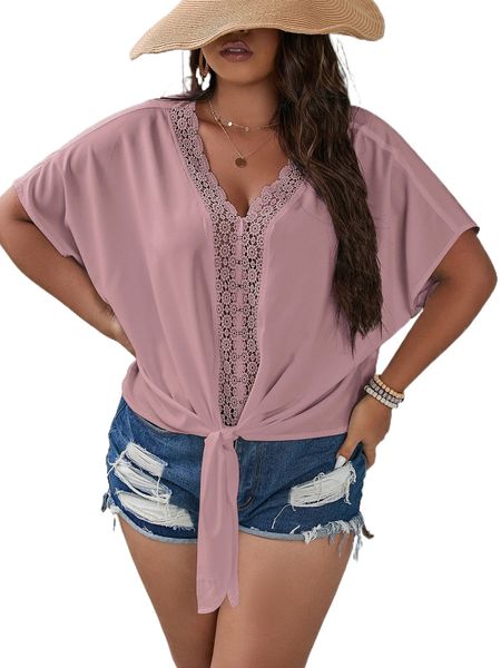 

plus contrast guipure lace tie front dolman sleeve blouse 49pi#, Black