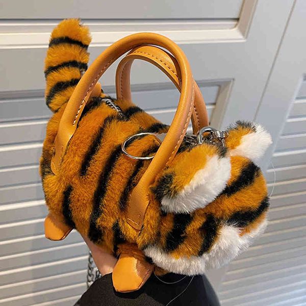 

women's shoulder bags plush handbags female shopper purses fashion casual cute little tiger doll shape chain crossbody bags 220507