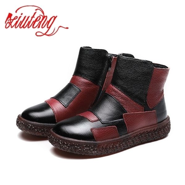 

xiuteng new spring soft bottom flat with boots casual leather handmade stitching women shoes winter round toe characteristic 201102, Black