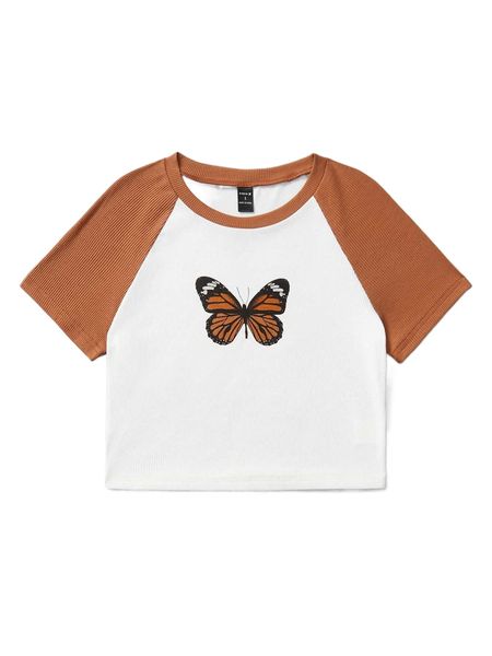 

x larry butterfly print colorblock crop tee q76t#, White