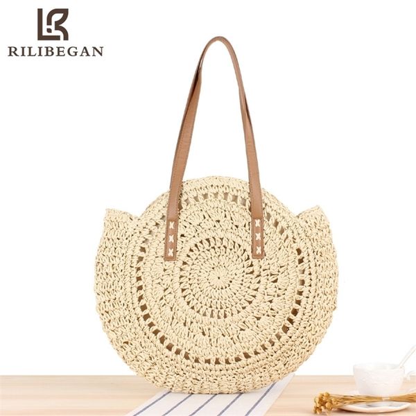 

fashion woven bag women round summer beach shoulder vintage straw female crossbody handle handbag tote 220608