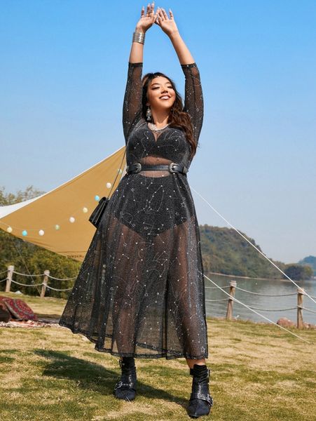 

plus constellation print metallic dress without belt & lingerie t9hh#, Black