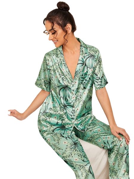 

tropical print contrast binding pajama set t7kw#, Black;red