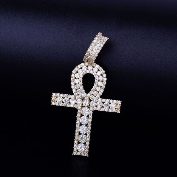 

hip hop zircon egyptian ankh key of life necklace with 24inch rope chain copper cross pendant cubic zirconia, Silver