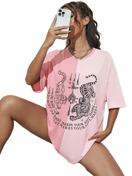 

tiger & slogan graphic drop shoulder tee h9wa#, White