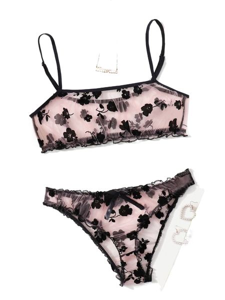 

flower pattern mesh lingerie set m4iz#, Black;red