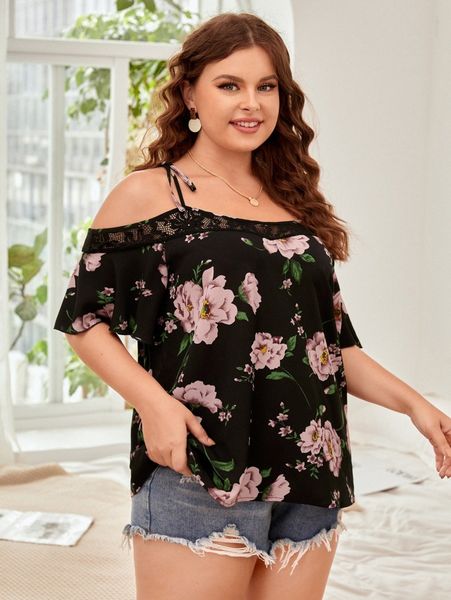 

plus floral print contrast lace tie shoulder blouse h5mb#, Black