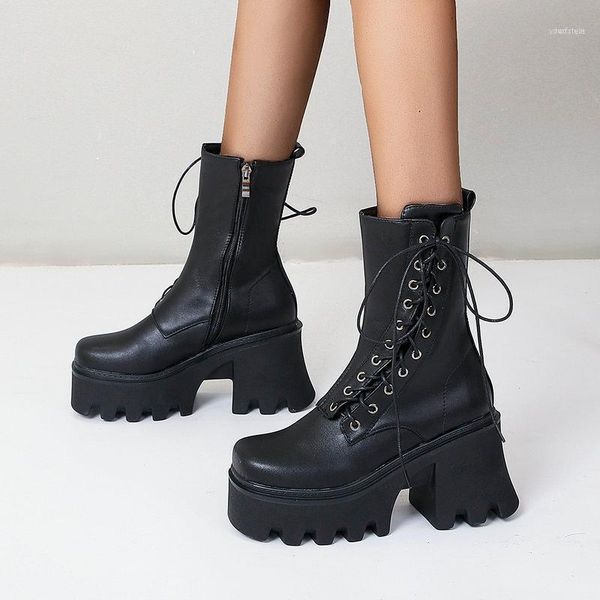 

boots punk women fashion platform ankle lacing chuky heel motorcycle squar toe zipper autumn winter woman shoes nice, Black