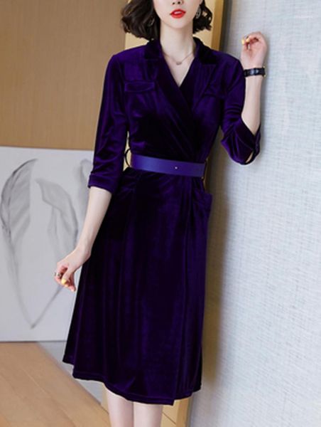 

casual dresses waist veet suit dress 2022 autumn dark blue v-neck three-quarter sleeves was thinner mid-length a-line skirt905, Black;gray