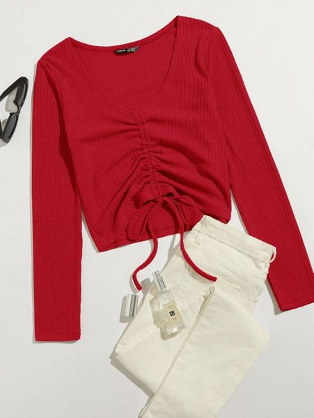 

drawstring front rib-knit tee o9ep#, White